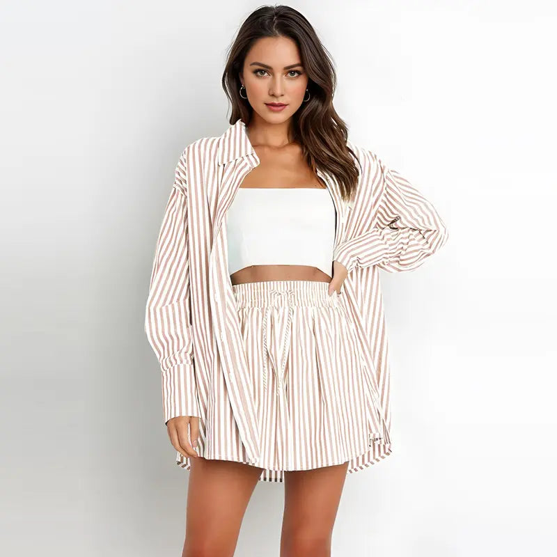 TIFY™ – Striped Collared Shirt & Wide-Leg Shorts Set