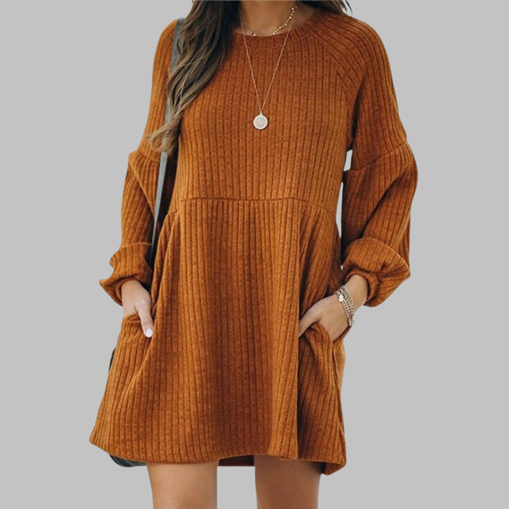 MONGO™ - Cozy Ribbed Mini Dress with Bishop Sleeves