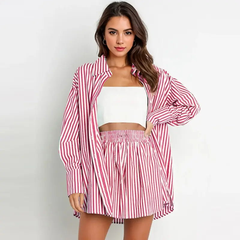 TIFY™ – Striped Collared Shirt & Wide-Leg Shorts Set