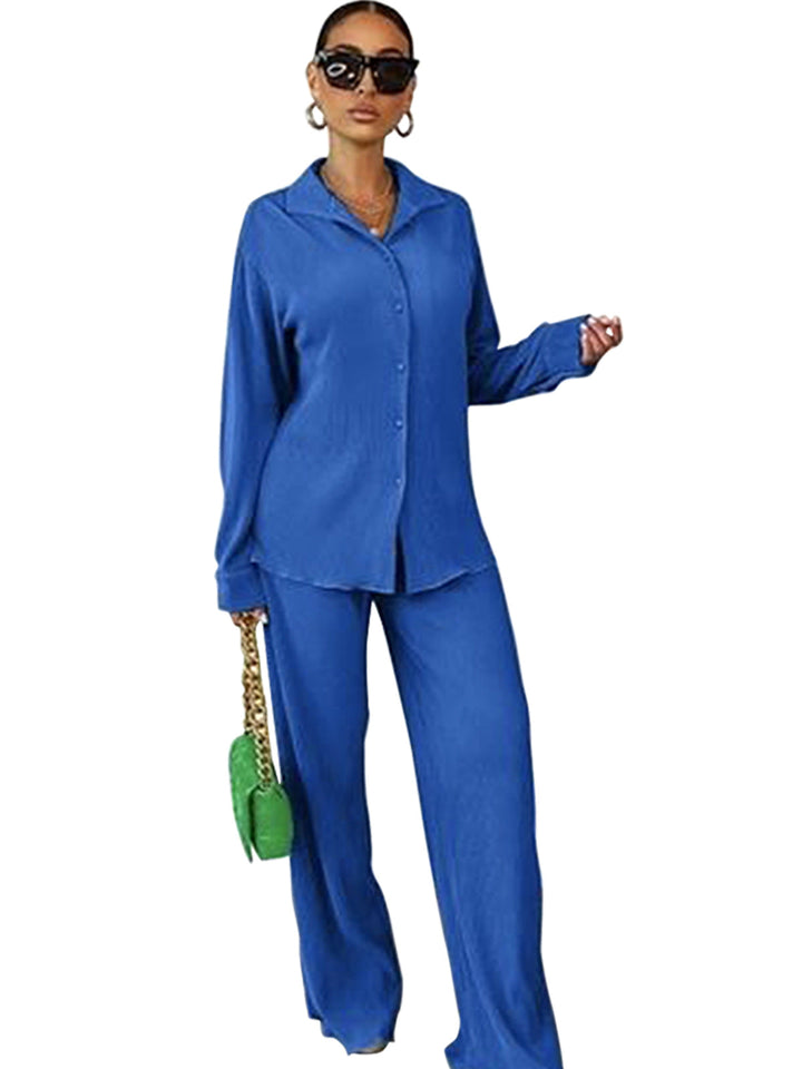 CLEO™ – Stylish Collared Long Sleeve Top & Wide-Leg Pants Set