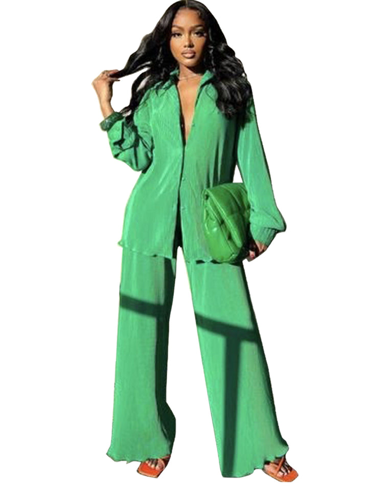 CLEO™ – Stylish Collared Long Sleeve Top & Wide-Leg Pants Set