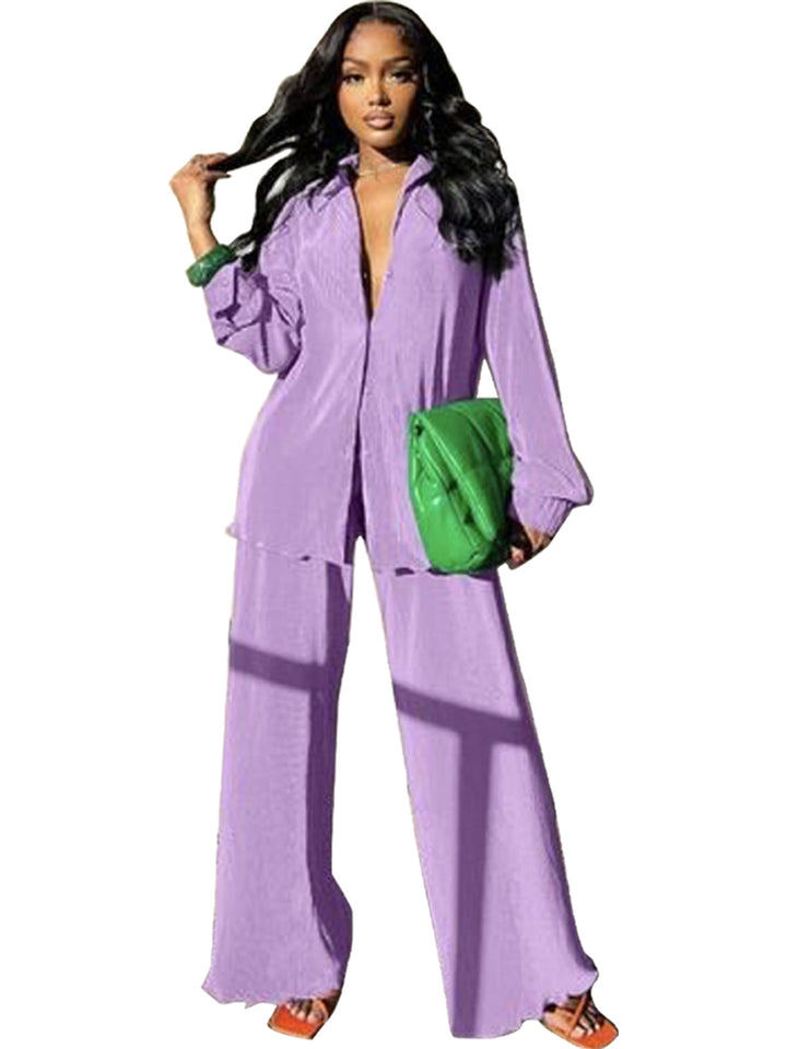 CLEO™ – Stylish Collared Long Sleeve Top & Wide-Leg Pants Set