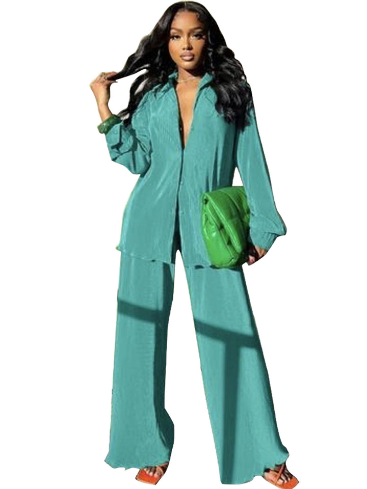 CLEO™ – Stylish Collared Long Sleeve Top & Wide-Leg Pants Set