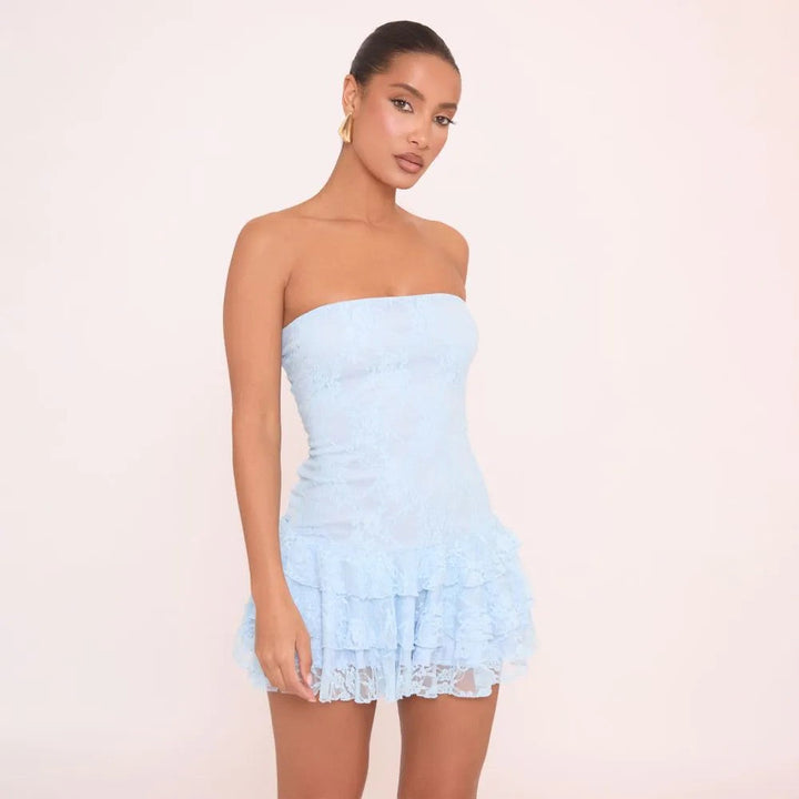 EVANGELINE™ – Strapless Frill Hem Mini Dress