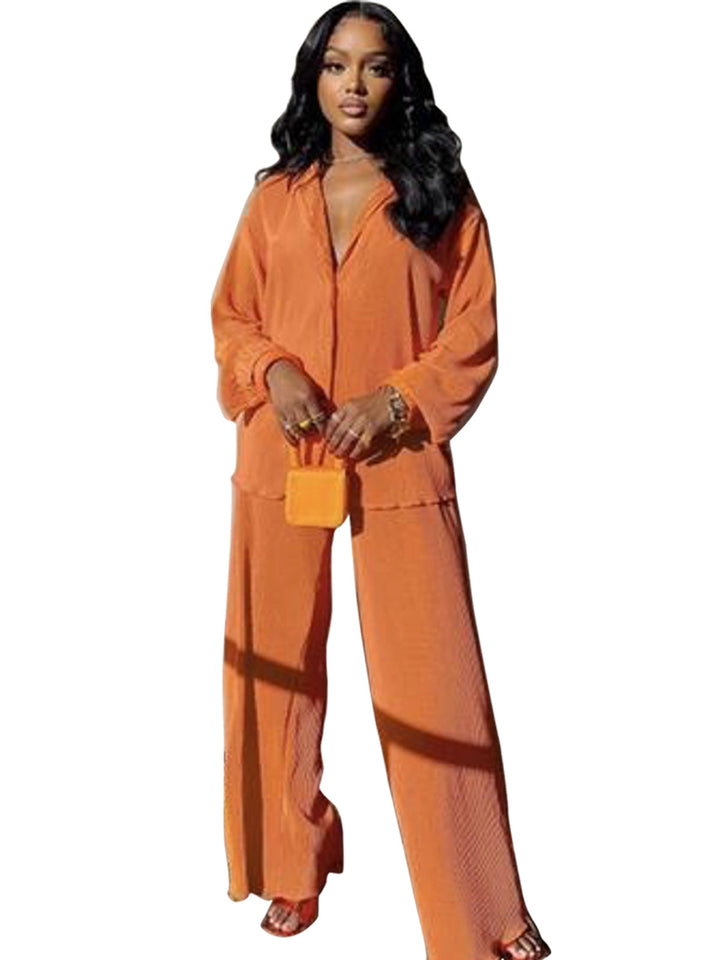 CLEO™ – Stylish Collared Long Sleeve Top & Wide-Leg Pants Set
