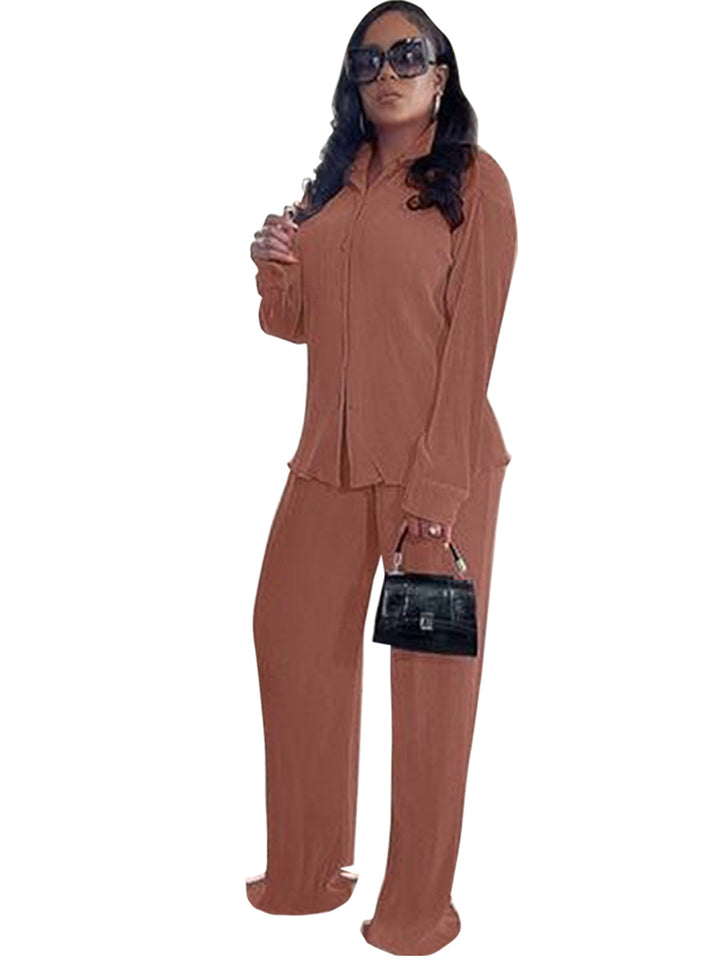 CLEO™ – Stylish Collared Long Sleeve Top & Wide-Leg Pants Set