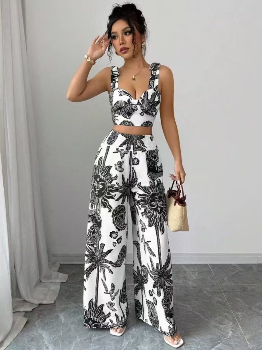 THAWDI™ - Boho Printed Crop & Wide Leg Pants Set