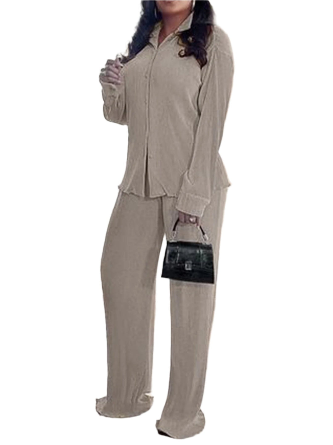 CLEO™ – Stylish Collared Long Sleeve Top & Wide-Leg Pants Set