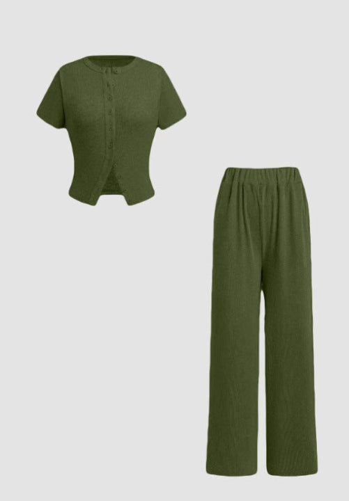 MIRANDA™ - Casual Button-Up Top & Wide Leg Pants Set