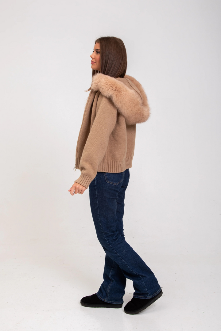 Sophia™ Cozy Knitted Jacket with Faux Fur Hood