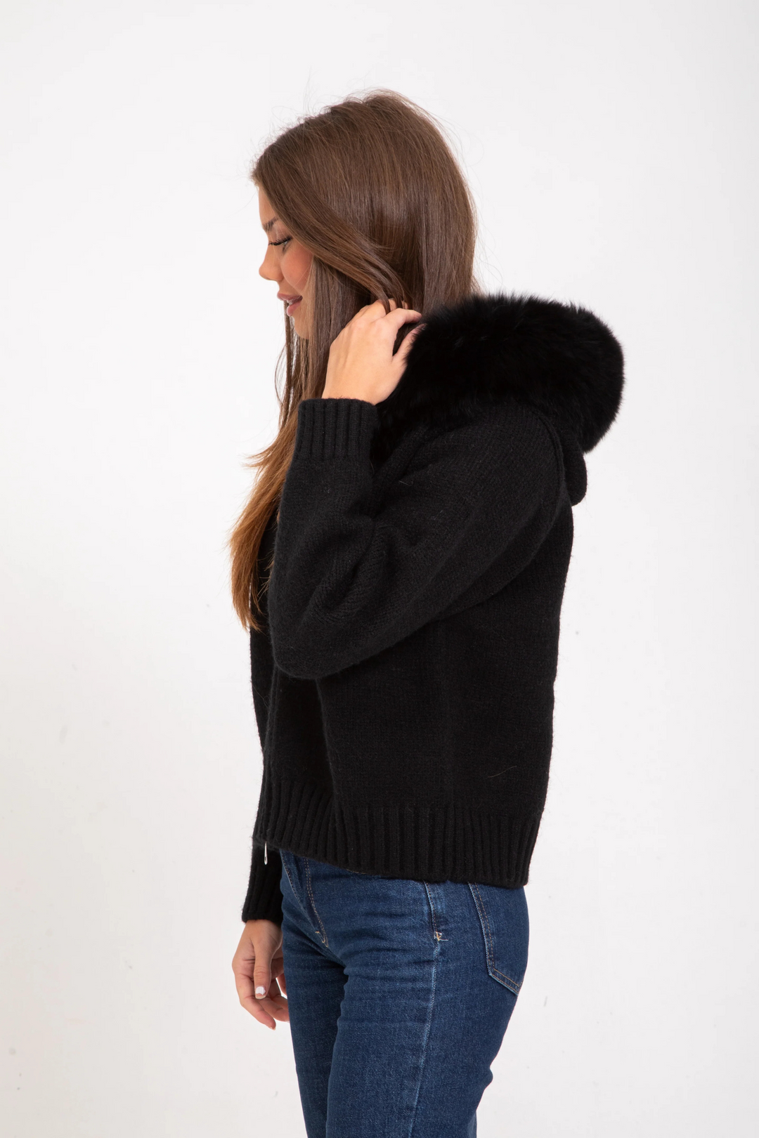 Sophia™ Cozy Knitted Jacket with Faux Fur Hood