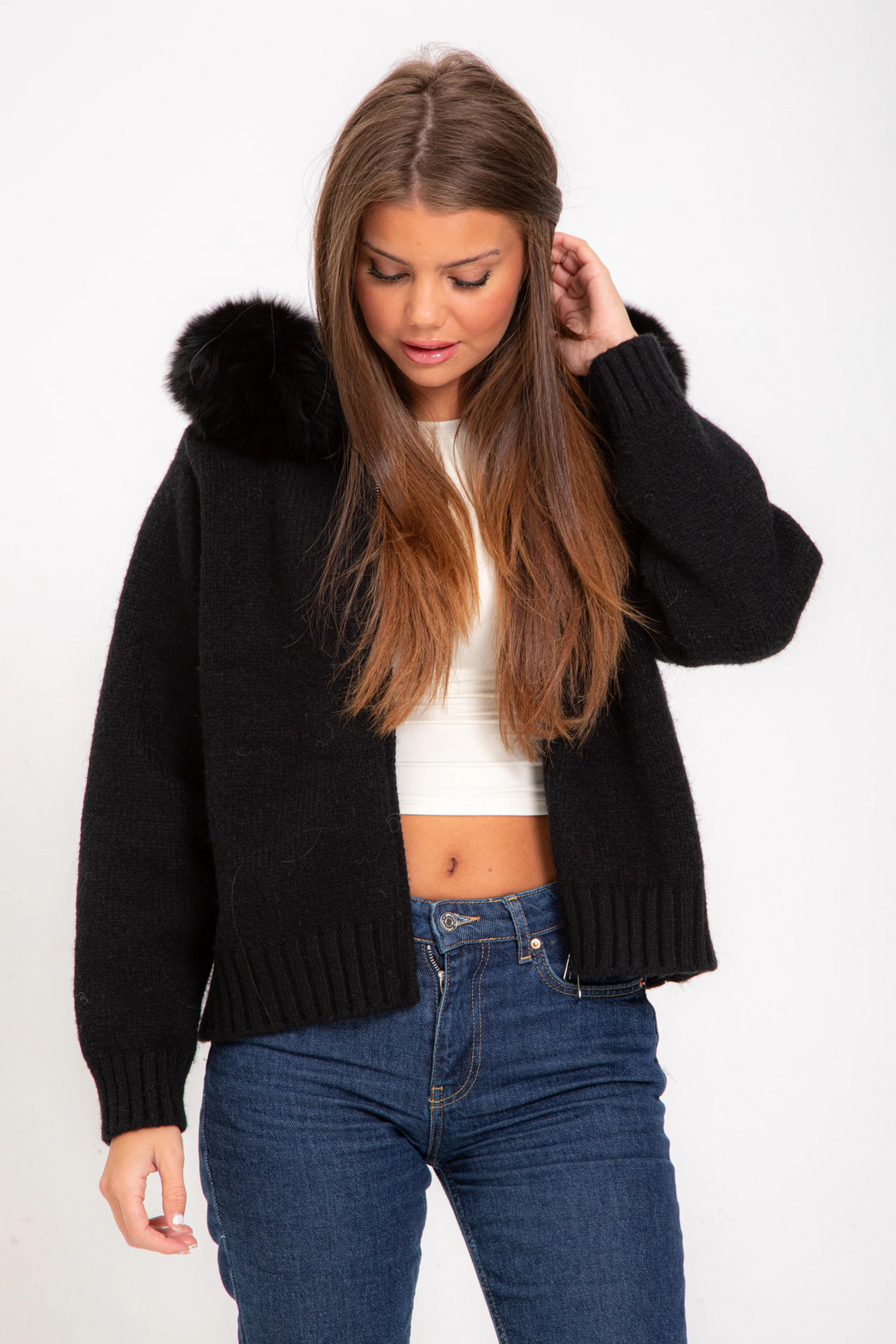 Sophia™ Cozy Knitted Jacket with Faux Fur Hood