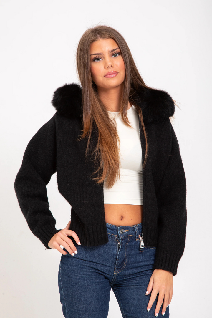 Sophia™ Cozy Knitted Jacket with Faux Fur Hood