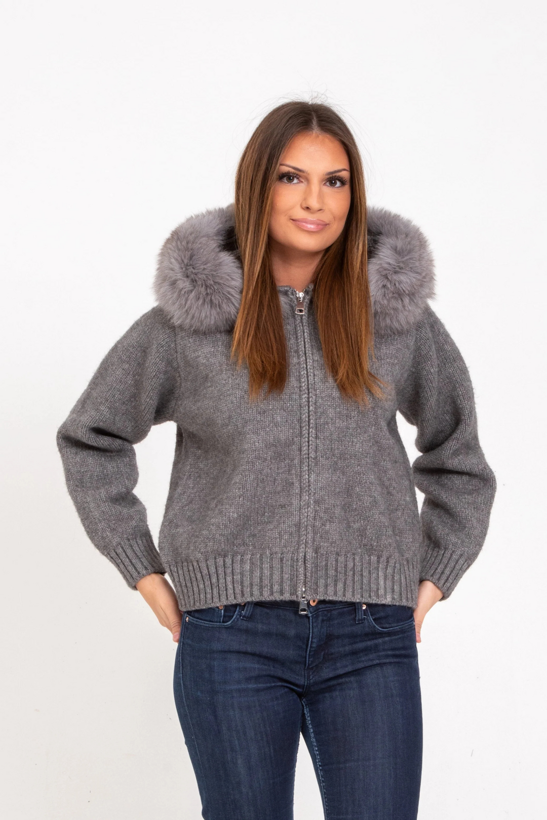 Sophia™ Cozy Knitted Jacket with Faux Fur Hood