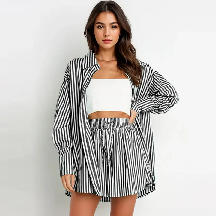 TIFY™ – Striped Collared Shirt & Wide-Leg Shorts Set
